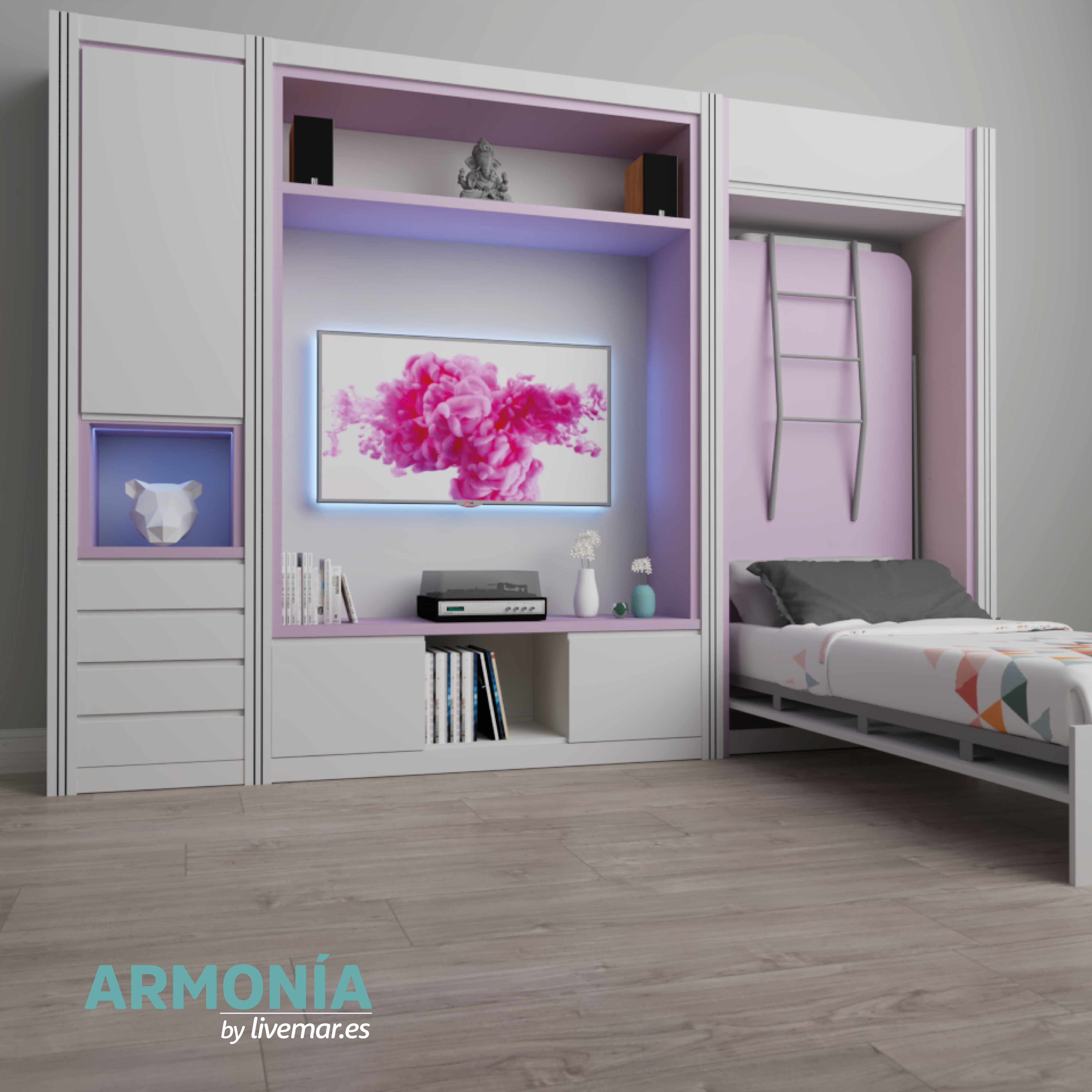 salon moderno con cama abatible vertical